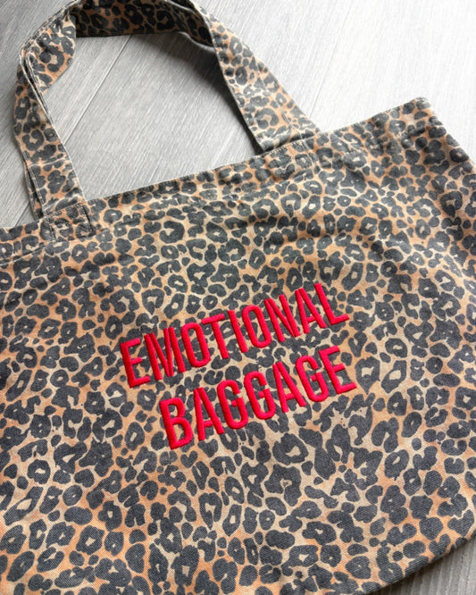 Emotional Baggage embroidered leopard print tote bag