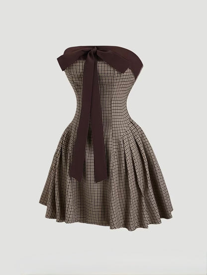 Brown Bow Houndstooth Mini Dress Small