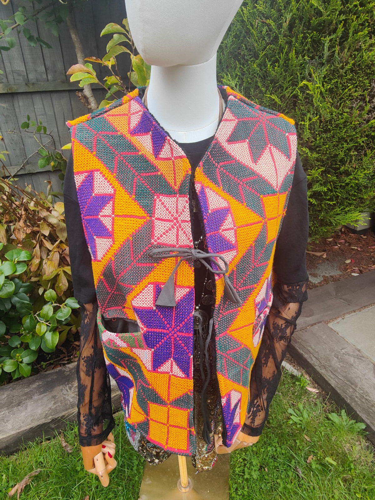Woodstock reversible kantha fabric gilet teddy fur  