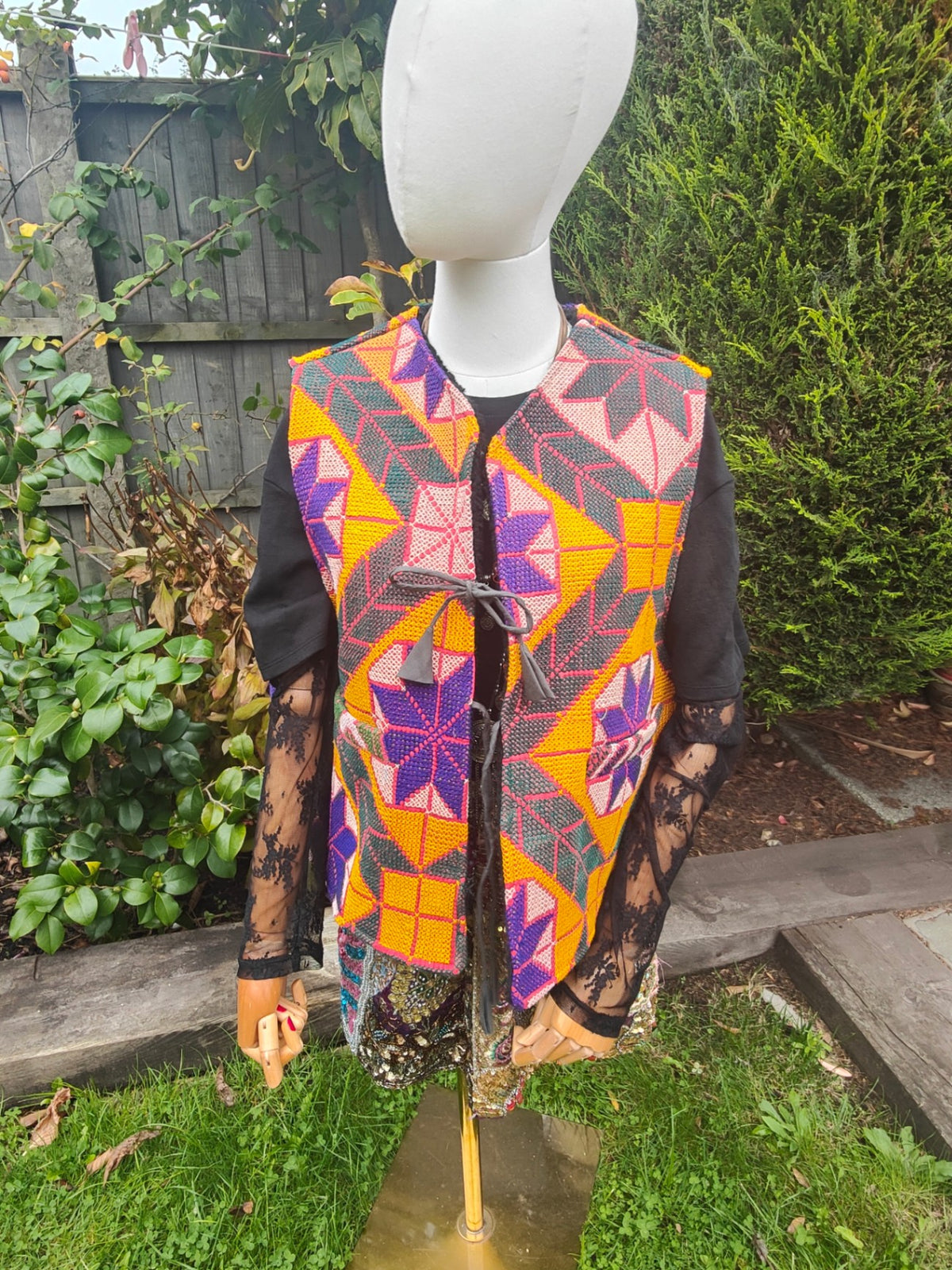 Woodstock reversible kantha fabric gilet teddy fur  