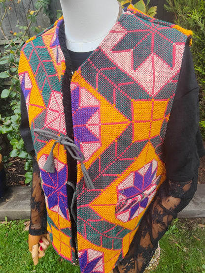 Woodstock reversible kantha fabric gilet teddy fur  